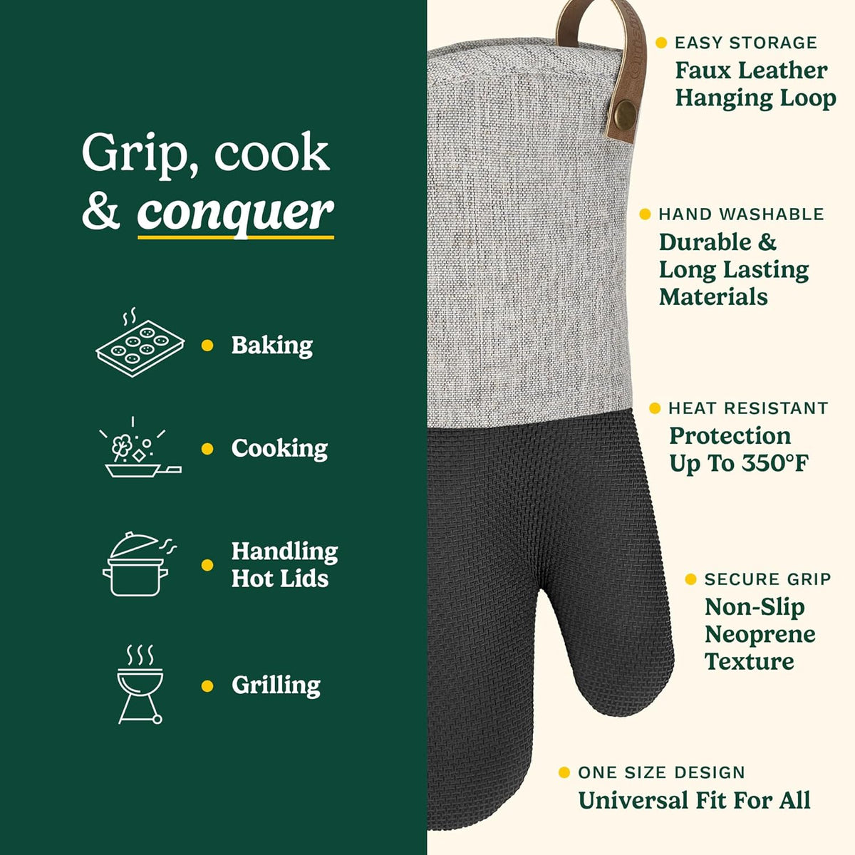 Cuisinart Heritage Kitchen Oven Mitts – Heat-Resistant Kitchen Mitts for Oven with Non-Slip Neoprene Palm, Long Cuff, and Cotton Filling – Durable Oven Gloves (Textured Gray)