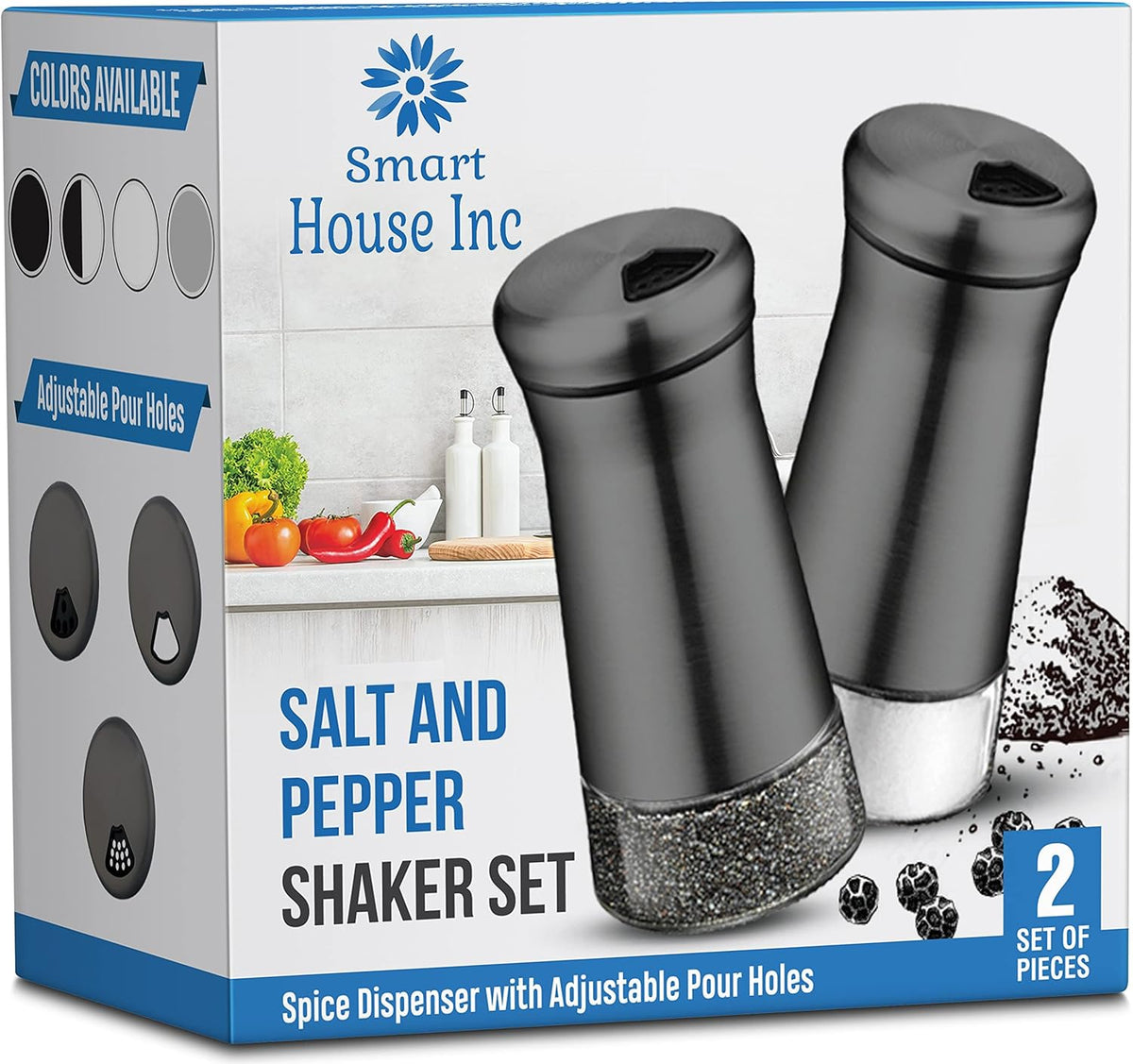 The Original Salt and Pepper Shakers set - Black -Spice Dispenser with Adjustable Pour Holes - Stainless Steel & Glass - Set of 2 Bottles
