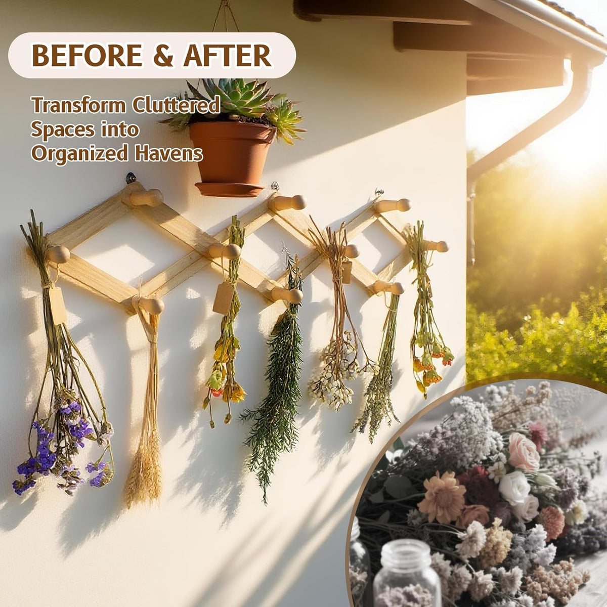 Rustic Adjustable Hanging Herb Drying Rack-Holds 10 Bouquets, Space-Saving Herb Flower Dryer with Adhesive Wall Hooks for Herb Display Rack,Kitchen Wall Décor-Unusual Gifts for Gardener Woman