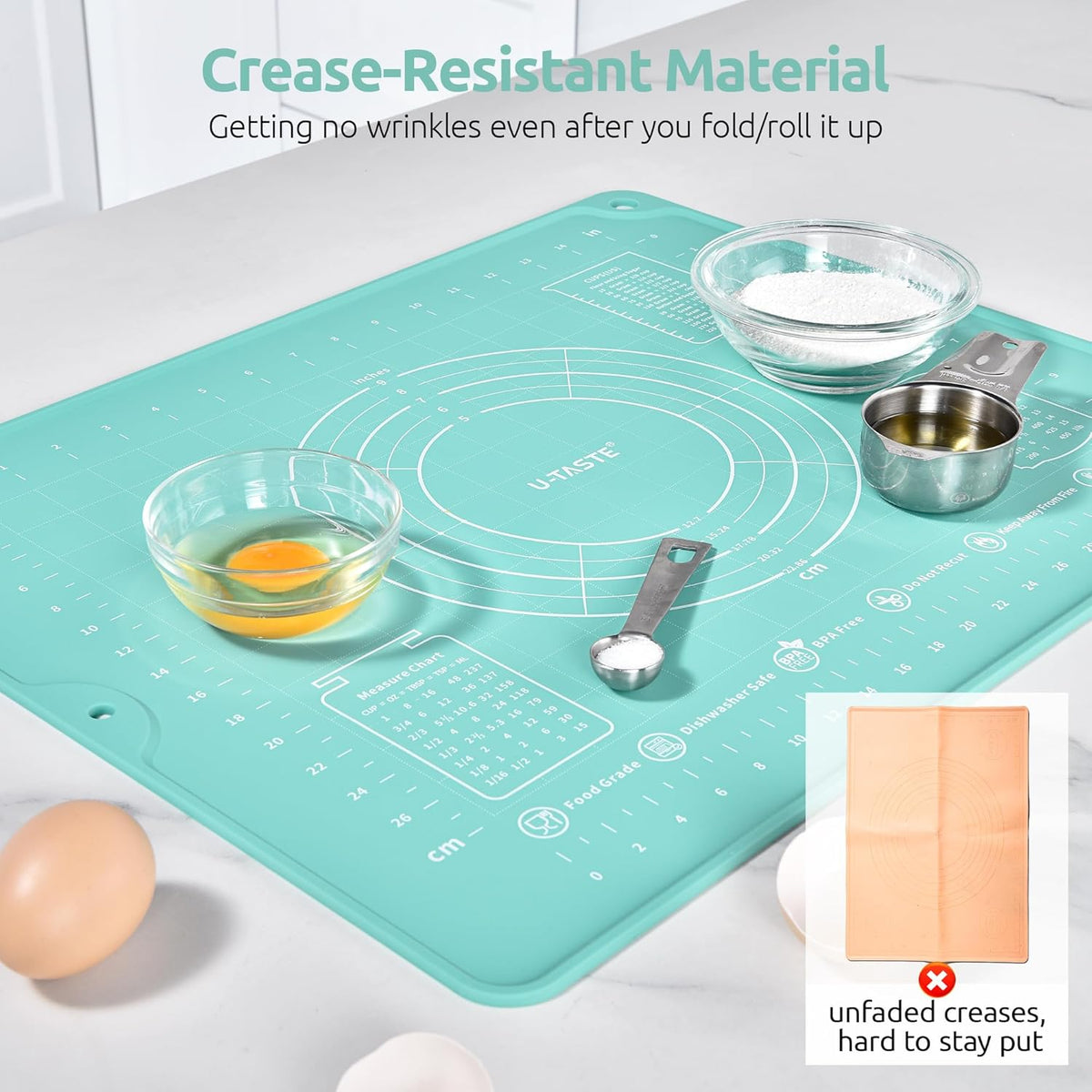 U-Taste Liquid Silicone Pastry Mat: 16"x20" Food-Grade Non-Stick Dough Rolling Baking Sheet, Non Slip for Kneading, Making Pizza, Fondant, Pie Crust with Clear Measurement and Raised Edges (Aqua Sky)