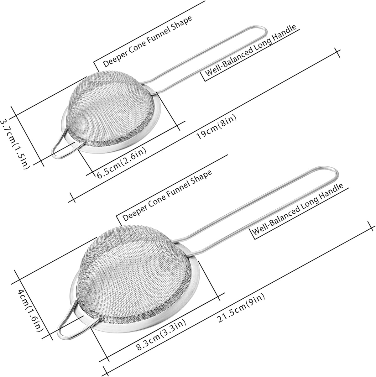 2 Pack Fine Mesh Strainers, Mini Stainless Steel Strainer with Handle for Kitchen, Metal Sieve Sifters for Straining Tea, Matcha, Cocktail, Juice and Coffee (8.6in 7.5in)