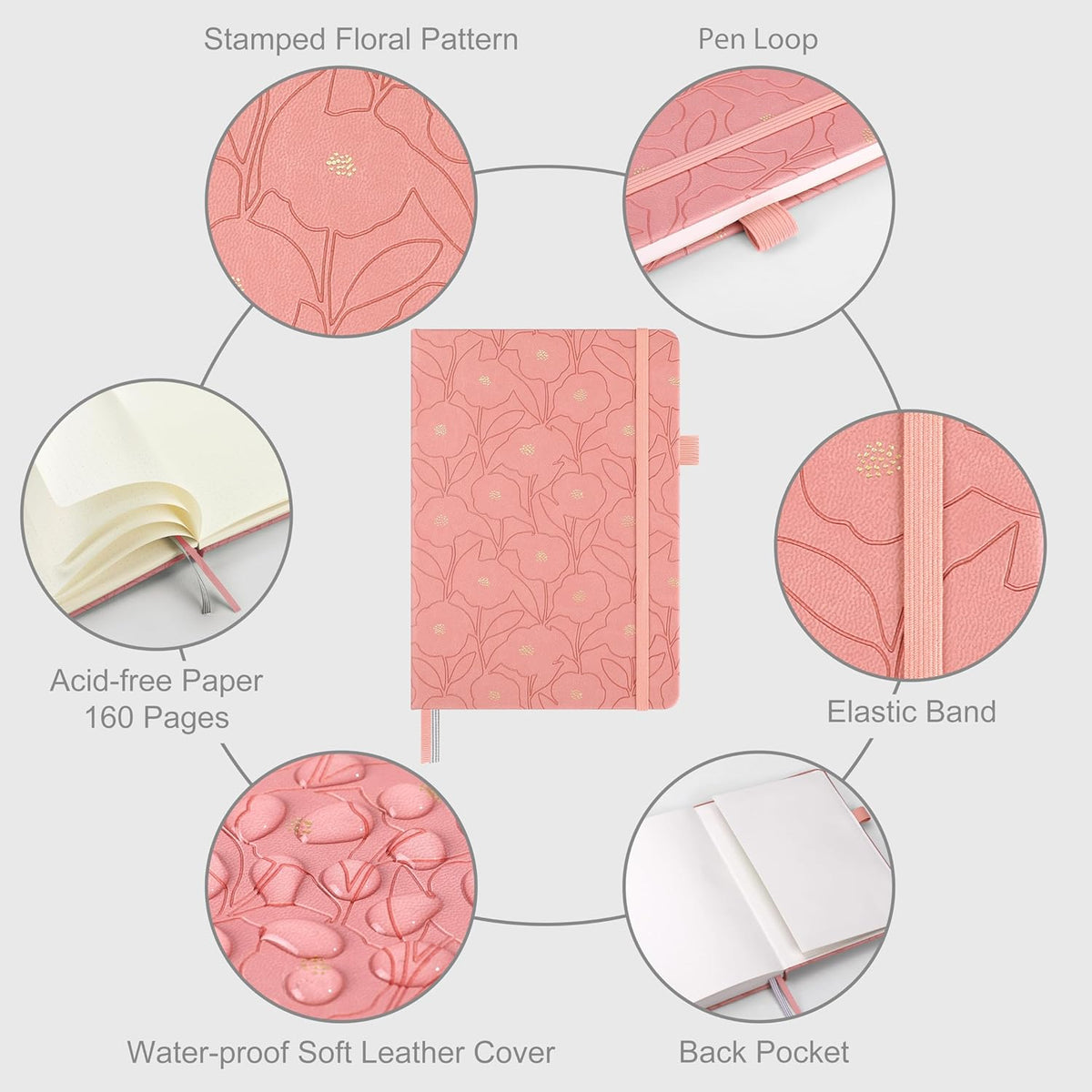 &And Per Se Dotted Journal Notebook for Women&Men with Pattern, A5 Leather Hardcover, 160 Pages 100GSM Thick Dotted Paper, 3 Sheets of Stickers Included(Peach Pink)