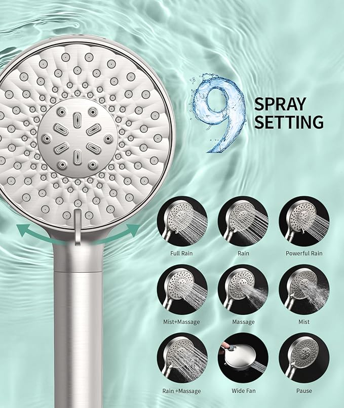 Filtered Shower Head with Handheld, High Pressure 9 Spray Mode Brushed Nickel Showerhead with 4 Filters, Detachable Shower Head, Water Softener Filters Beads for Hard Water - Remove Chlorine