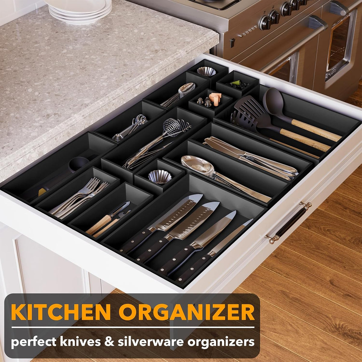 SpaceAid 14-Piece Bamboo Drawer Organizer Storage Boxes Set, Wood Tray Junk Drawer Organizers Multi-Use Divider Bins for Kitchen, Bathroom, Office Desk and Makeup Organization (14 Pack, Black)