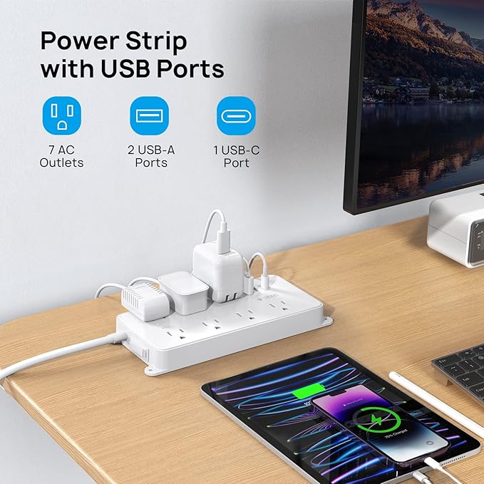TROND Surge Protector Power Strip 10ft, ETL Listed, Flat Plug Long Extension Cord with 2 USB A and 1 USB C, 7 Widely-Spaced Outlets, Wall Mountable, 1700 Joules, White