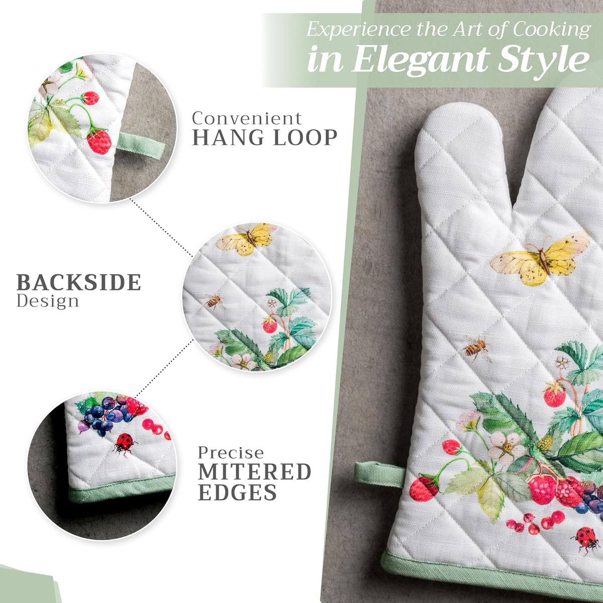 Maison d' Hermine Oven Gloves 100% Cotton Oven Mitt 7" x 13" with Loop Heat Resistant, BBQ, Cooking Gloves, Baking, Grilling, Kitchen, Handling Hot Pans Spring/Summer (Pack of 1, Printemps)