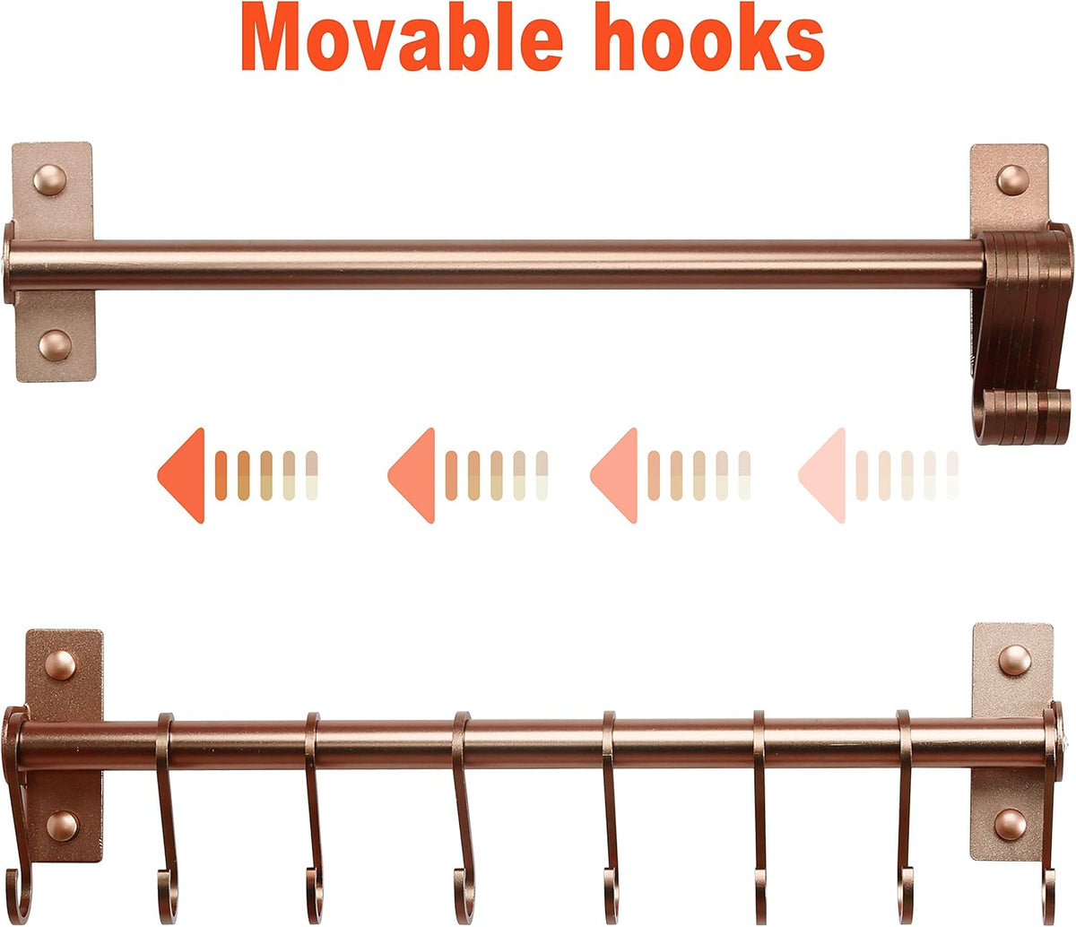 Dseap Kitchen Utensil Holder Hanger, Pot and Pan Rack Wall Mounted, Kitchen Rail with 8 Hooks for Hanging Cooking Utensils, Mugs, Spoons, Wall Mounted, Rose Gold, Pack of 2