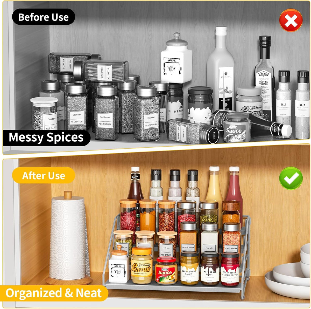 RCHYFEED 4 Tier Spice Rack Organizer, Spice Organization for Cabinet,Pantry, Countertop,Tiered Spice Rack Easy Visibility,Depth Expandable Seasoning Shelf for Kitchen Cabinet Organizer,Silver