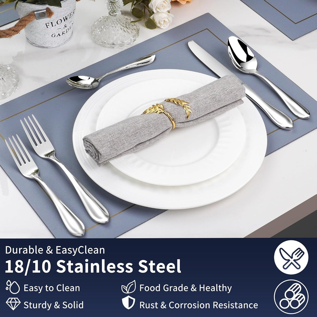 18/10 Stainless Steel Flatware, Heavy Duty Silverware Set for 8, Forged Thick Kitchen Silverware, Dishwasher Safe, Ideal for Gift