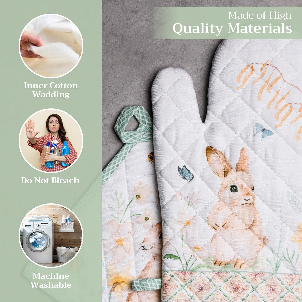 Maison d' Hermine 100% Cotton Oven Mitt & Pot Holder Set (7.5"x13" & 8"x8") Heat Resistant BBQ Cooking Gloves with Loop, Baking, Grilling, Kitchen, Handling Hot Pans Spring/Summer (Easter Dew)