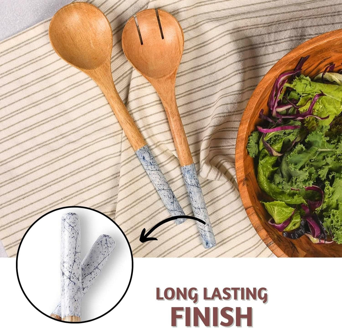 Folkulture Salad Servers or Salad Tongs, Wooden Utensils for Serving Salad, 12-inch Spoon and Fork Set, Mango Wood, Blue Servers