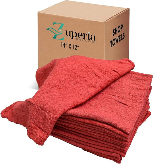 ZUPERIA Cotton Shop Towel – Multipurpose Cleaning Cloths (14" x 12" - Pack of 150 - Red) Reusable Shop Rags for Automobiles, Industrial, Restaurants, Garage, and Homes