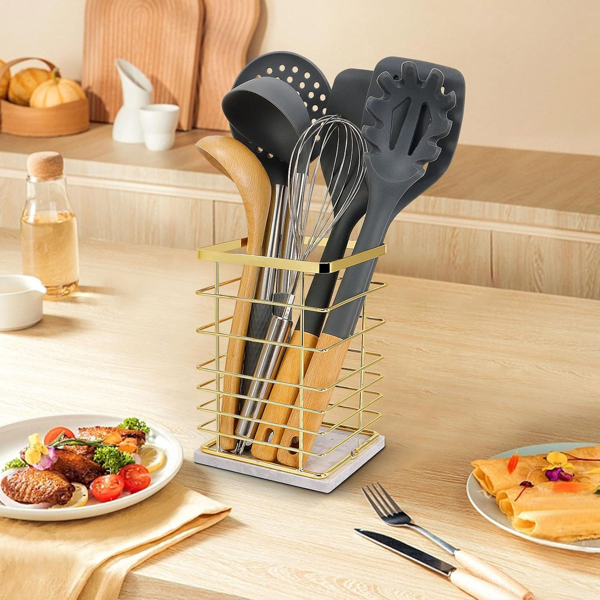 Square Kitchen Utensil Holder, Sturdy Metal Rack for Countertop Storage, Cooking Tools Organizer with Drainage Hole, Stylish Utensil Caddy for Effortless Kitchen Organization, with Marble Base