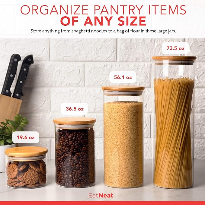 EatNeat 4‑Piece Glass Canister Set with Airtight Bamboo Lids – Giftable Kitchen Storage – Tall Jar Fits Spaghetti – 74/56/36/20 oz for Pantry, Dry Goods, Coffee, Snacks & More