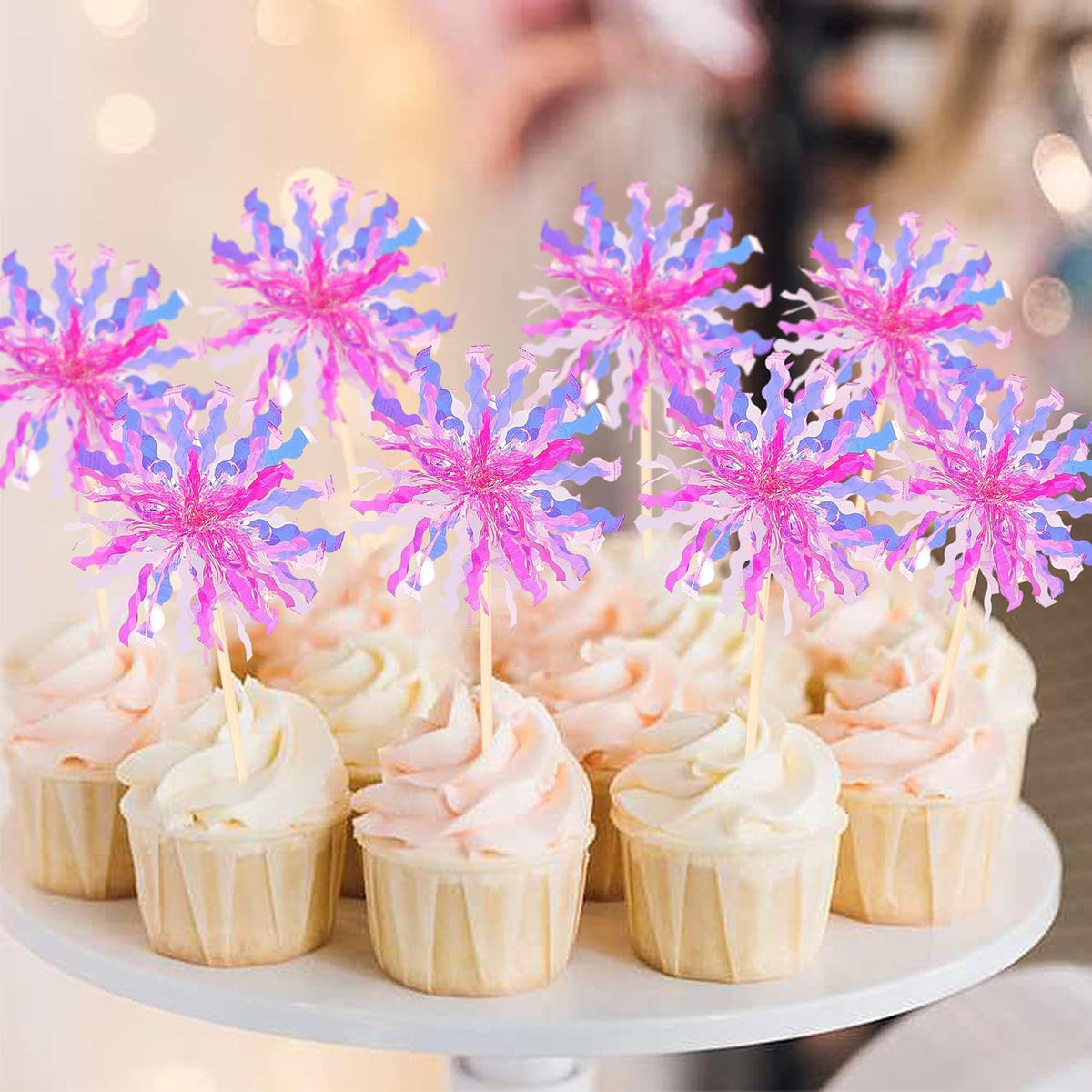 30 PCS Foil Firework Cupcake Toppers Sparkle Tinsel Cupcake Picks Happy Birthday Cake Decorations Drink Stirrers Cocktail Food Fruit Toothpicks for Baby Shower Graduation Party Supplies Rose Red