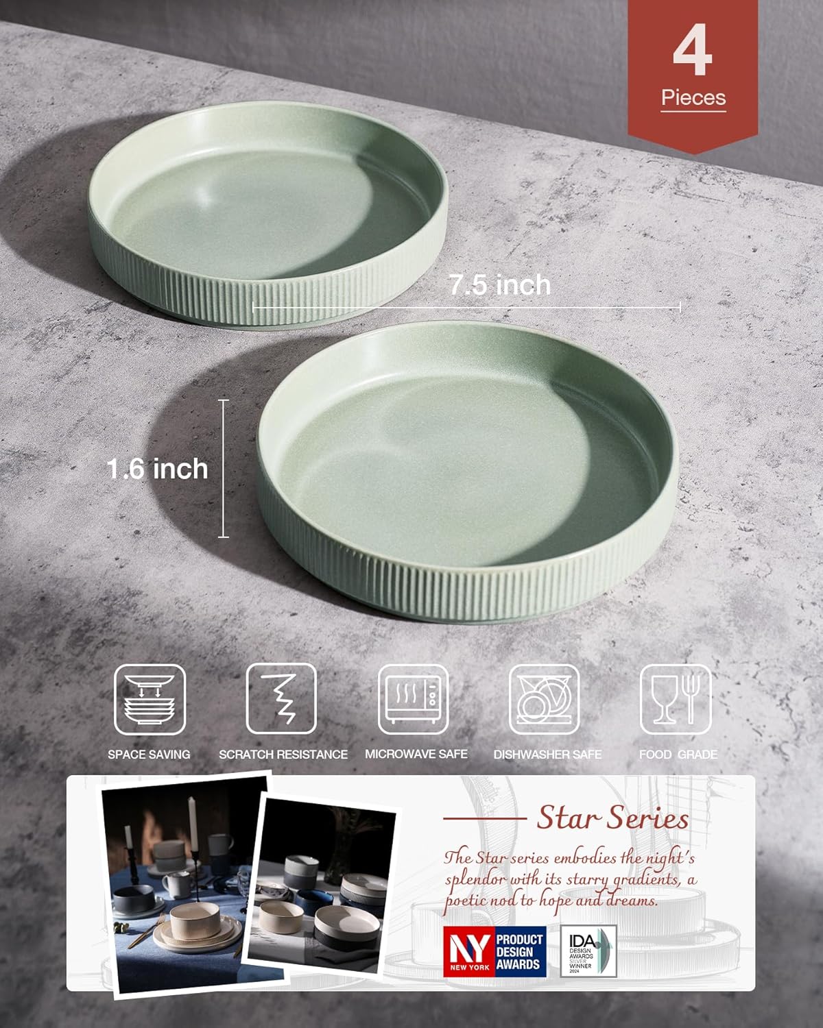 famiware Star 7.5" Pasta Bowls Set, Salad Bowl Set of 4, Double Reactive Glaze, Stackable, Ideal for Your Friend for Housewarming, Festivals, Light Green