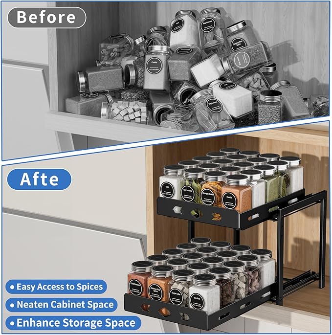 Pull Out Spice Racks for Inside Cabinets, 2-Tier Cabinet Spice Rack, Height Adjustable Spice Rack Organizer for Cabinet, Kitchen Vertical Spice Rack (9.7''Wx10.8''Dx9.2''H, Metal Black)