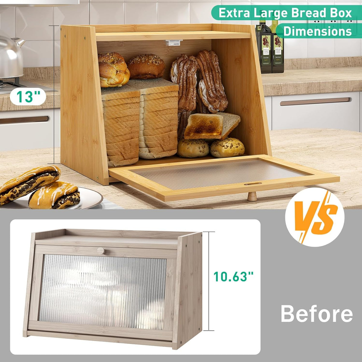 Large Bread Box for Kitchen Counter, Bamboo Bread Storage Container with Wavy Arcylic Transparent Door, Bamboo Wooden Farmhouse Bread Box for Your House