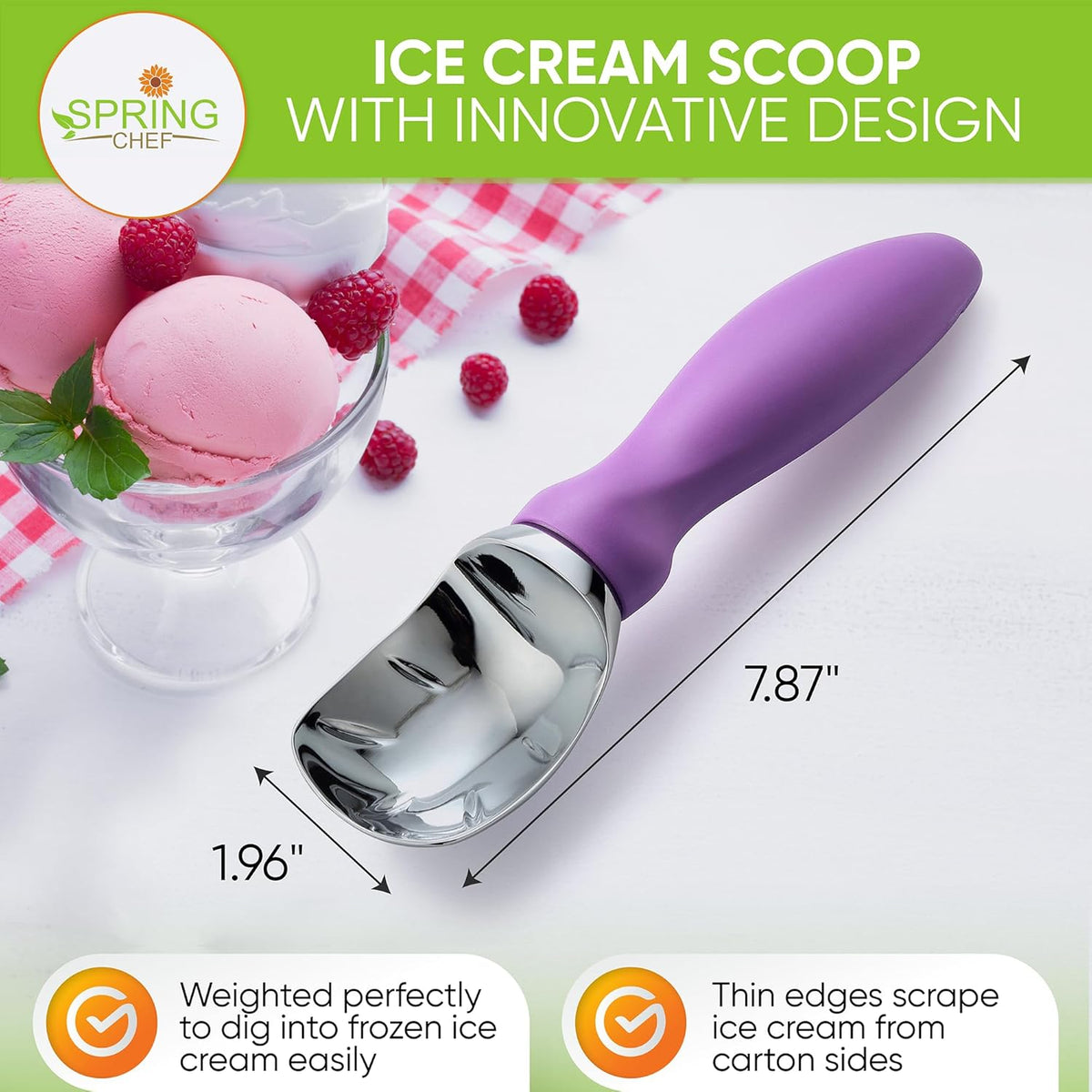 Spring Chef Metal Ice Cream Scoop with Comfortable Handle, Heavy Duty Sturdy Ice Cream Scooper Spoon for Cookie Dough, Frozen Yogurt, Gelato, Sorbet, Sundae, Melon - Dishwasher Safe - Orchid