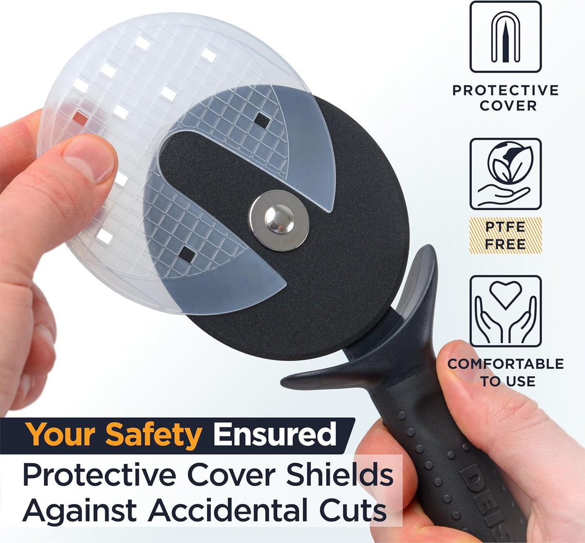 Deiss Lux Heavy Duty Pizza Cutter With Wheel Slicer- Stainless Steel Sharp Smooth Pizza Cutter Wheel With Easy Grip Non-Slip Handle, Dishwasher Safe (BLACK)
