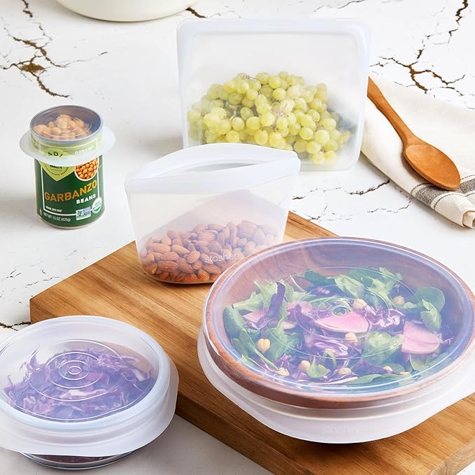 Stasher Premium Silicone Reusable Food Storage Bags and Stretch Lids 10-Pack, Clear, Airtight Seal, Food Containers & Covers, Boxed Starter Kit, BPA Free, Leak-free, Dishwasher Safe, Eco-Friendly