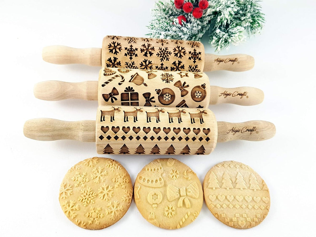 CHRISTMAS 3 Mini Embossed Rolling Pin Set Wooden Laser Engraved Textured rolling pins with Snowflakes, Elks, Christmas Trees and Gifts for Cookies by Algis Crafts