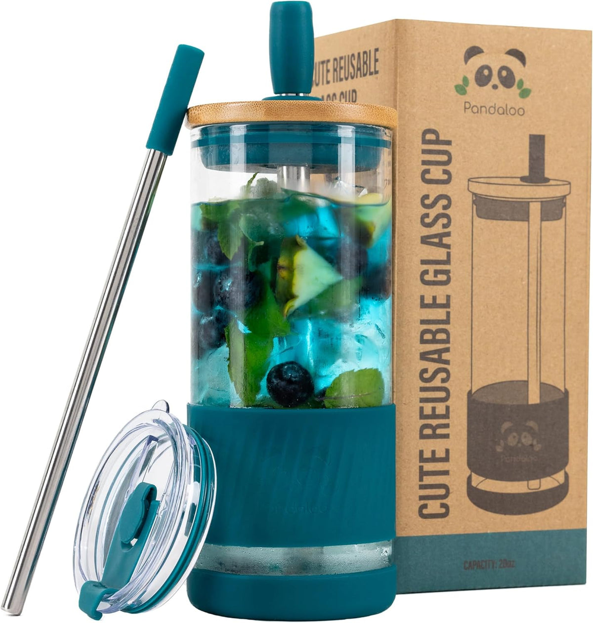 Pandaloo® Glass Cups With Lids and Straws -20 Fl Oz- Perfect Size Iced Coffee Cup - Smoothie Cup With Bamboo Lid and On the go Lid - Glass Tumbler With Straw (1 Count (Pack of 1), Intense Teal)