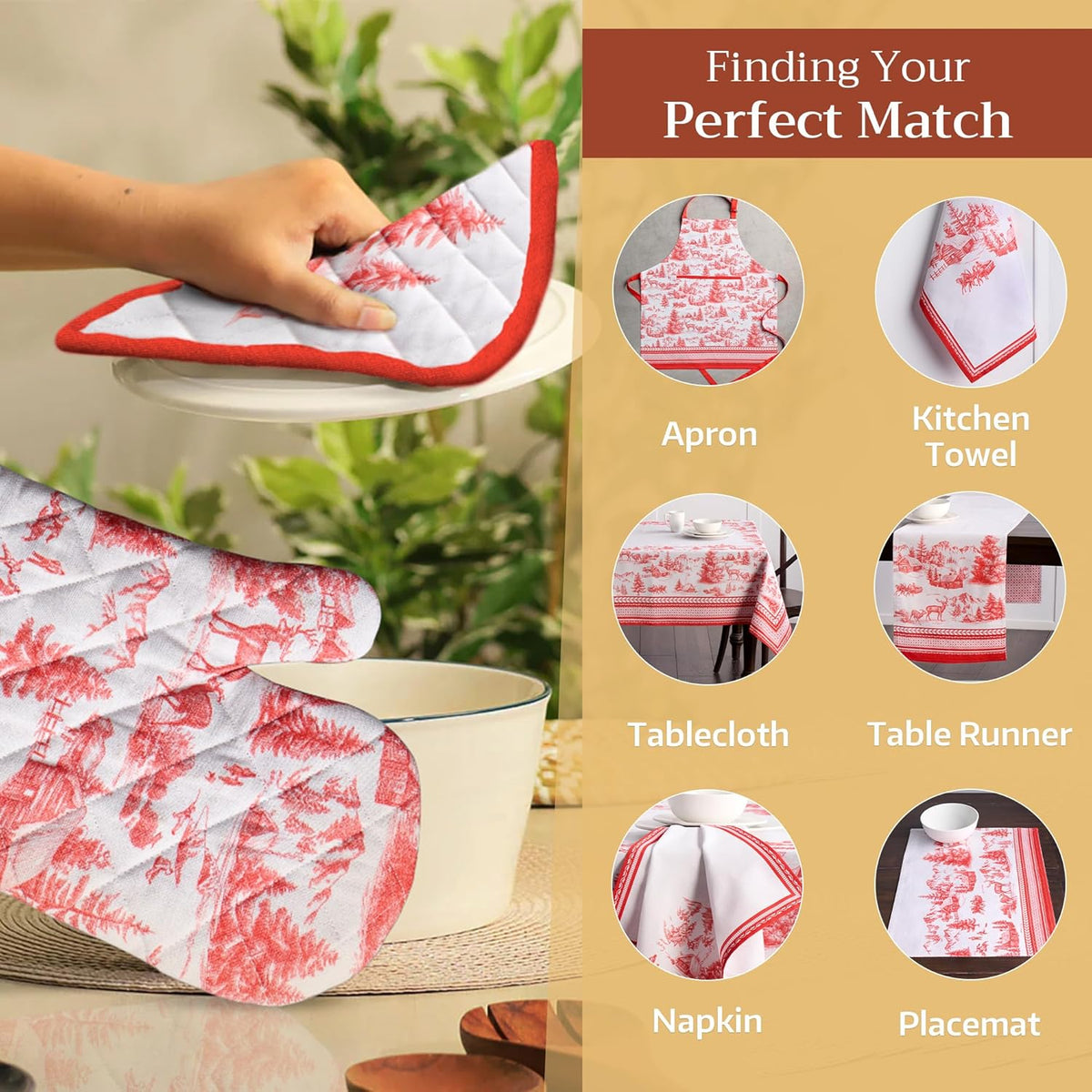 Maison d' Hermine Oven Gloves 100% Cotton Oven Mitt 7" x 13" with Loop Heat Resistant, BBQ, Cooking Gloves, Baking, Grilling, Kitchen, Handling Hot Pans (Pack of 1, Winter Jouy)
