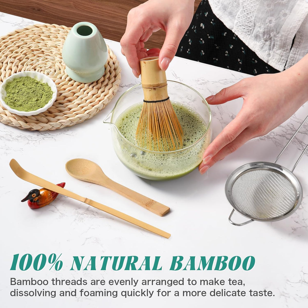 Matcha Whisk Set,MatchaSet with Bamboo Matcha Whisk and Ceramic Holder, Bamboo Scoop+Wooden Spoon,Scoop Holder,Sifter-Complete Matcha Tea Set,6 Pcs Matcha Kit,Tools for Matchas Ceremonial Grade Kit