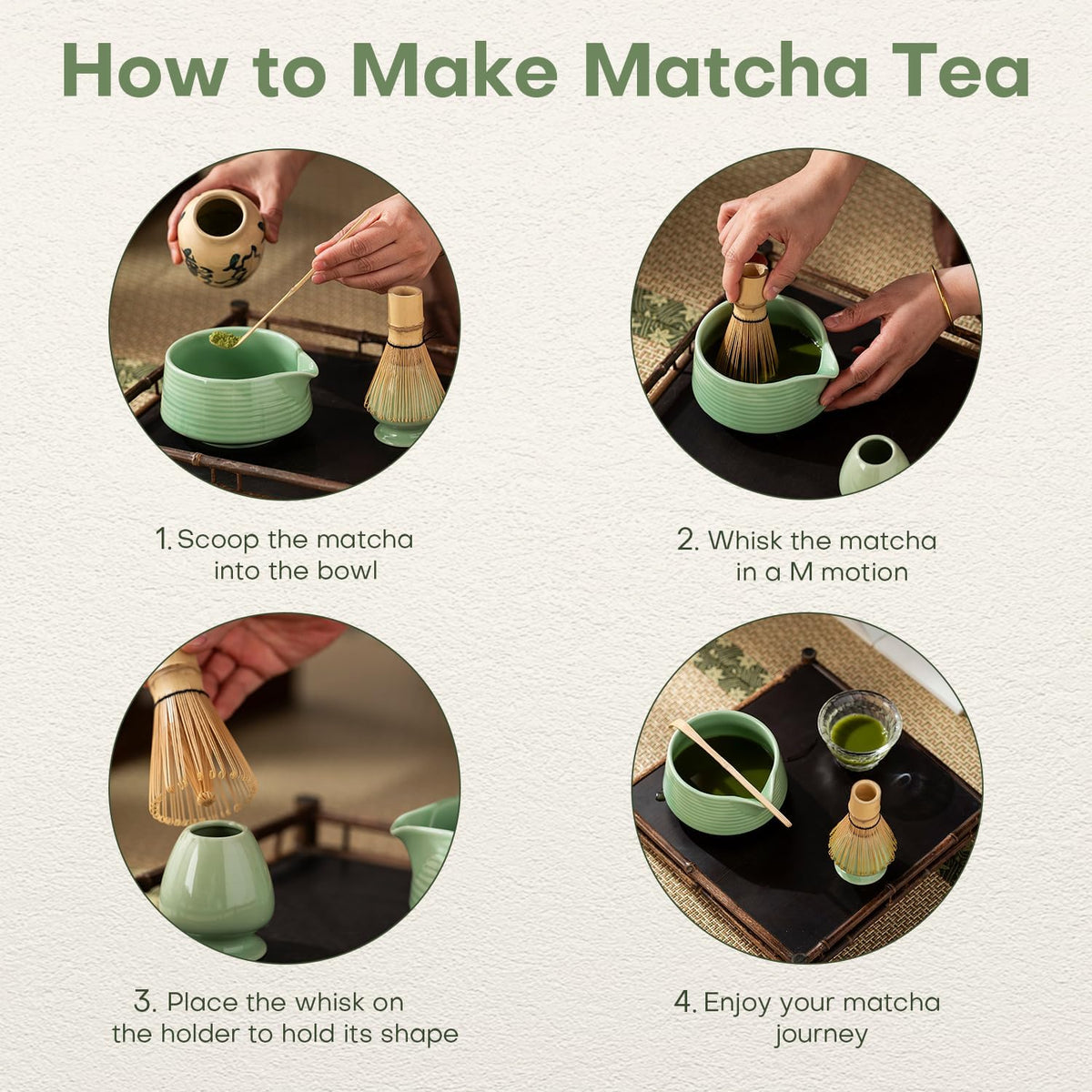 Matcha Whisk Set - 4PCS Matcha Set Includes Matcha Bowl with Spout, Matcha Whisk Holder, Bamboo Whisk and Bamboo Scoop, Ceramic Matcha Kit