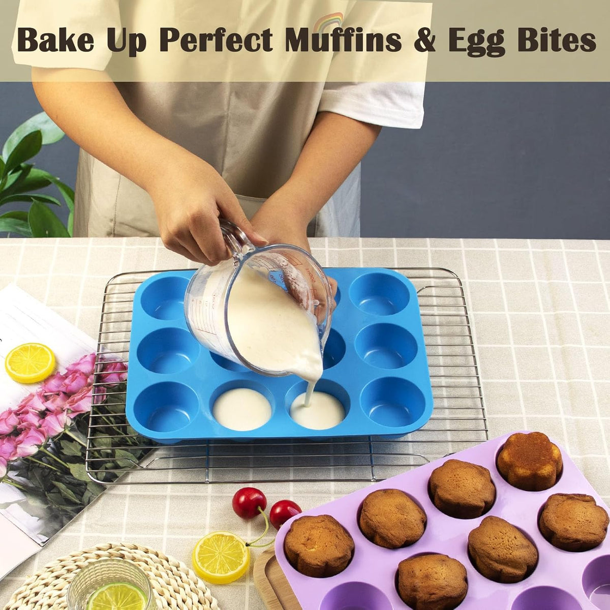 12 Cups Silicone Mini Muffin Pan Set, Nonstick Mini Cupcake Pans, BPA Free Small Muffin Tin for Baking, Set of 2 (Blue+Purple)