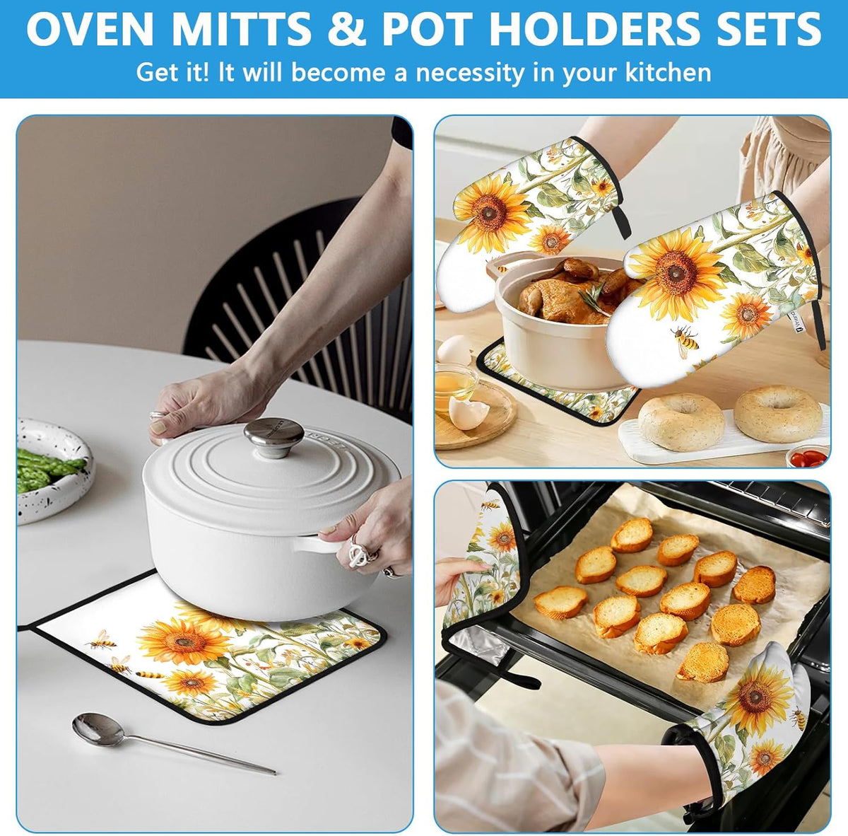 Watercolor Sunflower Oven Mitts and Pot Holders Sets Heat Resistant 4Pcs Busy Bee Potholders Oven Gloves Hot Pads for Kitchen Baking Cooking Grilling BBQ