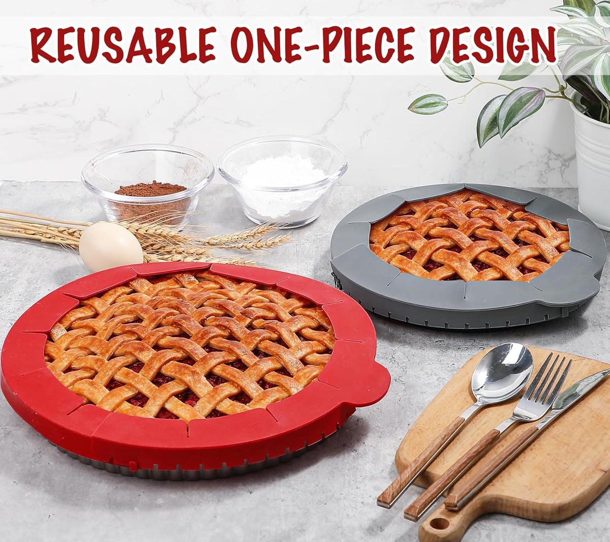 Webake Pie Crust Protector Shield Adjustable Pie Crust Shield Fits 11.5-9 Inch Pie Pan, European Food Grade Silicone Pinch Test Passed, for Baking Party Pie Tart, Pack of 2, Red and Grey