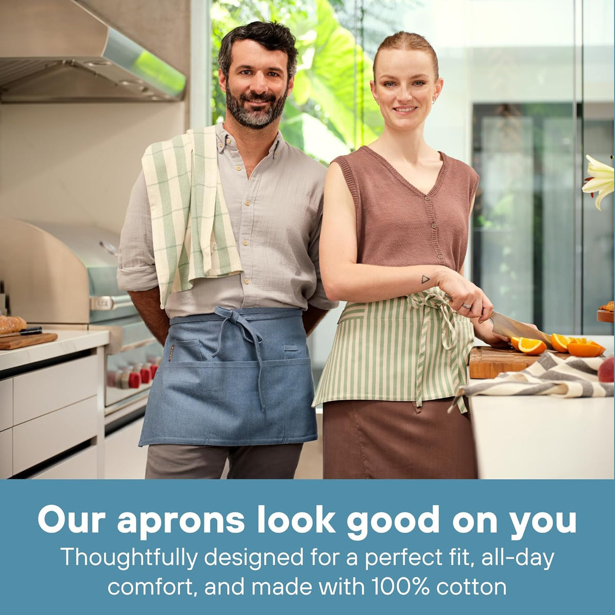 MEEMA Waist Aprons For Women With Pockets | Stylish Server Kitchen Apron Short, 23x13 Inches | Breathable Chef Apron for Cooking | Washable Cooking Aprons
