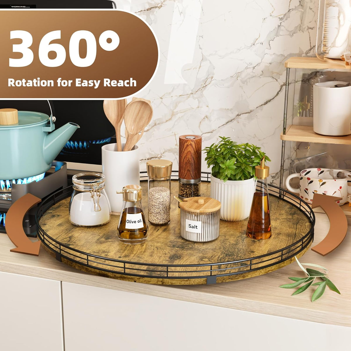 Lazy Susan Turntable Organizer for Table Top, 21’’ Round Wooden Lazy Susan for Cabinet Kitchen Countertop Pantry Dining Coffee Table for Condiments Spices, Rustic Bathroom Vanity Tray for Soap Candle