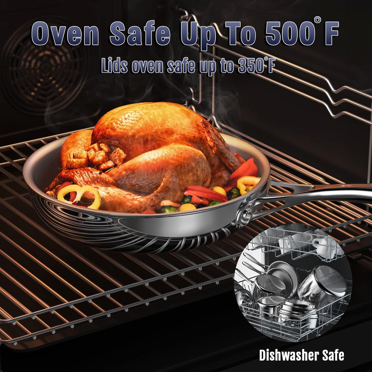 Cooks Standard Stainless Steel Frying Pan 12 Inch, Multi-Ply Full Clad Wok Stir-Fry Cooking Skillet Pans with Dome Lid, Stay-Cool Handle, Dishwasher Safe, Oven Safe 500°F, Silver