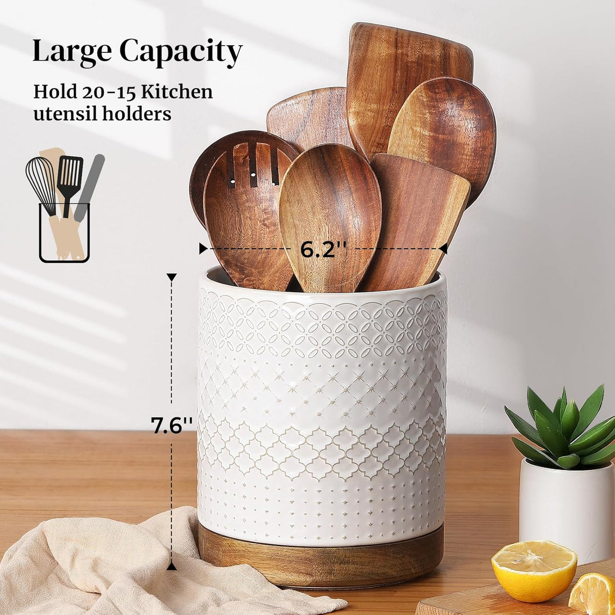 DOWAN 360° Rotating Extra Large Cooking Utensil Holder, 7.6" Kitchen Utensil Holder for Countertop, Utensil Crock for Farmhouse Kitchen Decor, Ceramic Stable Utensil Caddy, White Embossed