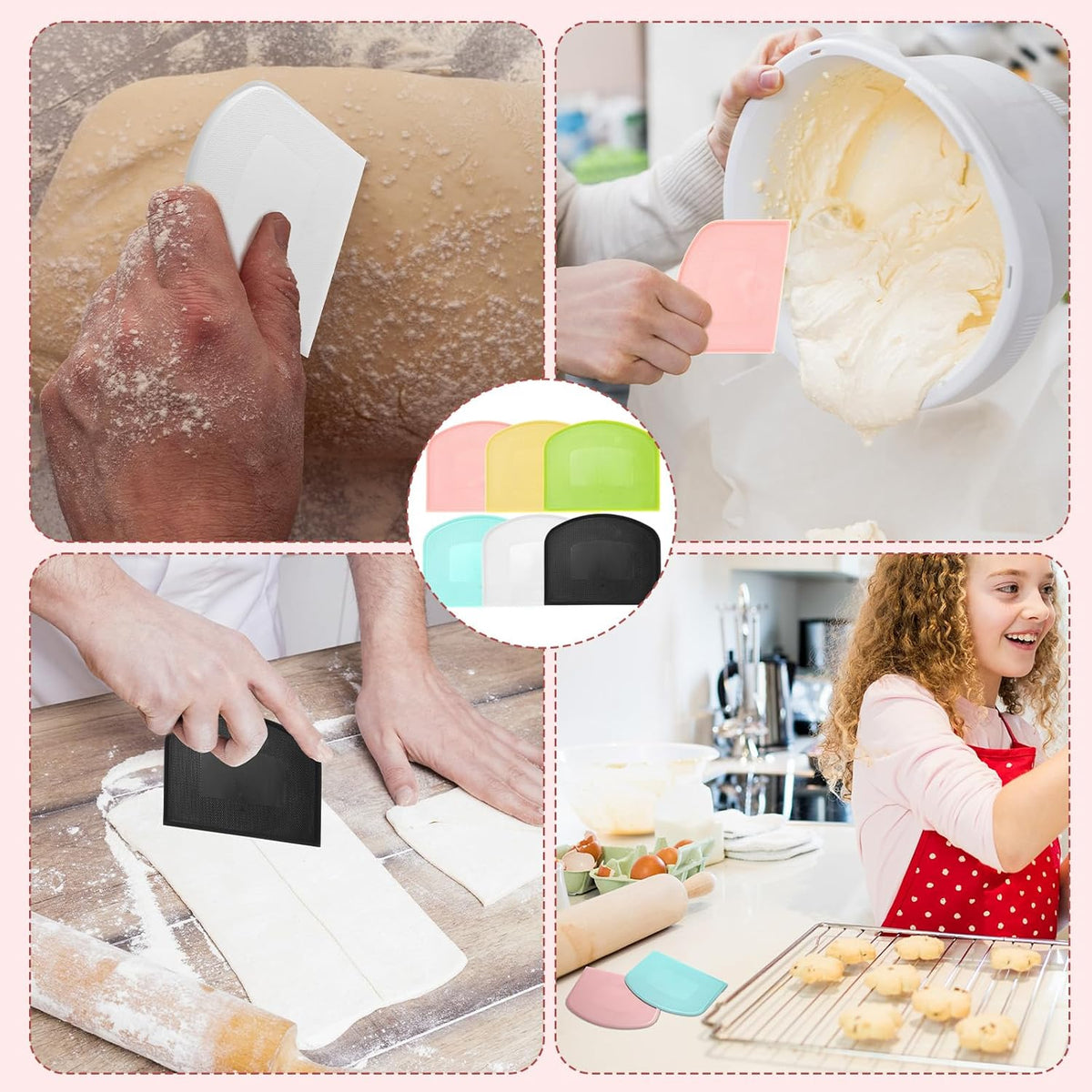 24 Pcs Plastic Dough Scraper Set Multipurpose Bench Cake Cutter Flexible Scraper Spatula for Cake Bread Pizza Food Pastry Icing Kitchen Baking Tool, 6 Colors