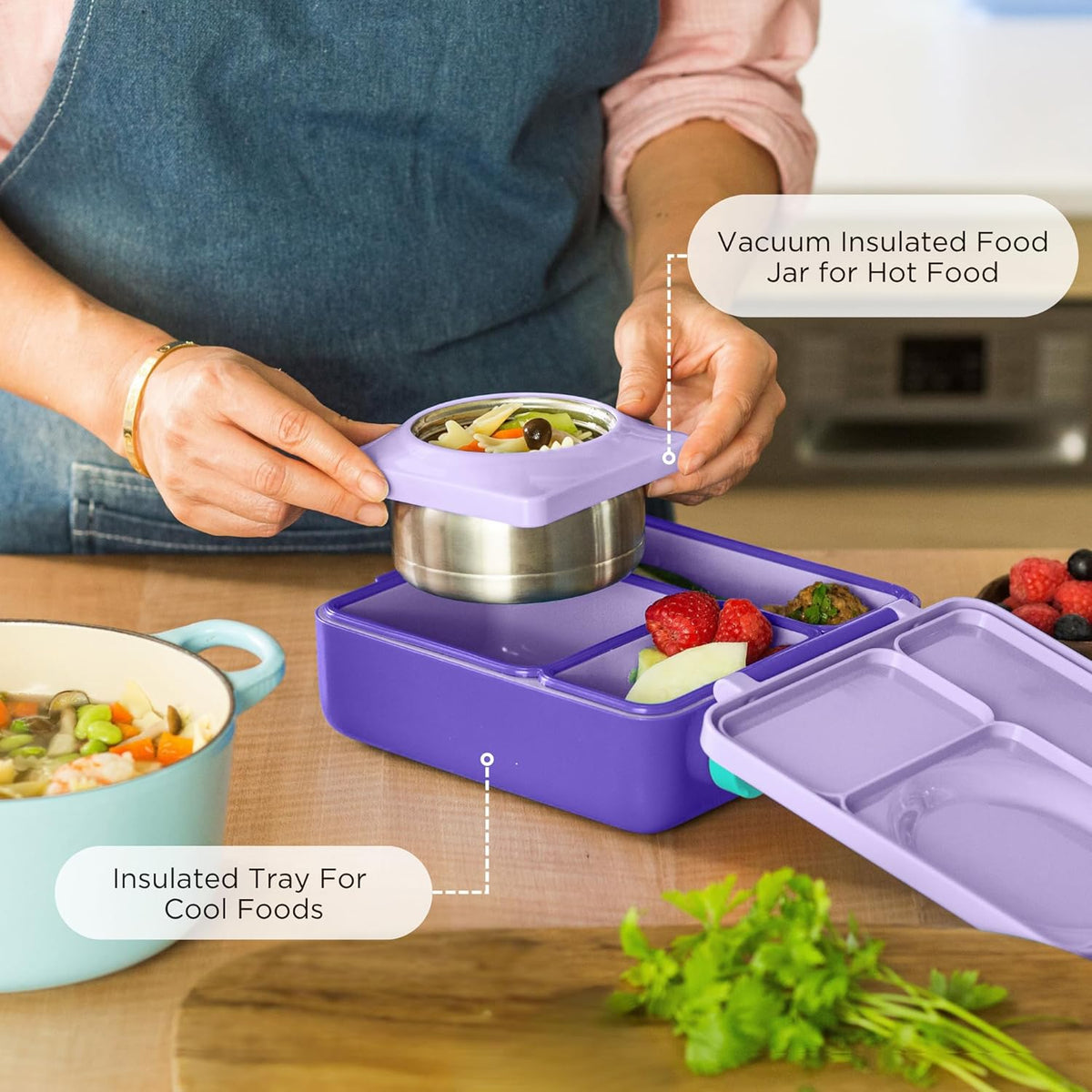 OmieBox Bento Box for Kids - Insulated Bento Lunch Box with Leak Proof Vacuum Insulated Food Jar - 3 Compartments, Two Temperature Zones (Purple Plum)