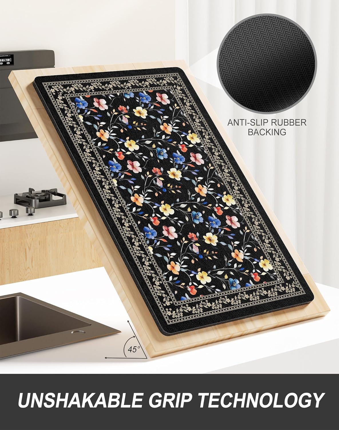 Rnivvi Dish Drying Mat for Kitchen Counter, XL 15 x 24" Cute Flower Theme Super Absorbent Drainer Pad, Non-Slip Heat Resistant Coffee Bar Mat for Coffee Machine Station Accessories,Retro Dish Rack Pad