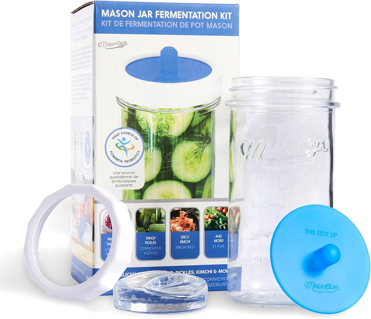 Masontops Fermentation Jar Starter Set, Easy Vegetable Fermentation Kit, Includes Mason Jar, Pickle Kit with Fermentation Lids & Fermentation Weight