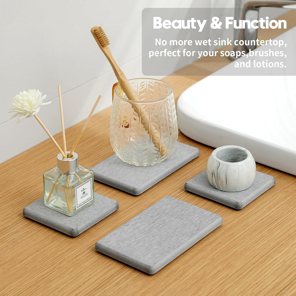 4PCS Bathroom Sink Vanity Trays, Diatomaceous Earth Quick Stone Drying Mat Kitchen Counter Dish Soap Dispenser Sponge Holder, Water Absorbing Caddy Organizer for Bottle & Cup, Light Gray