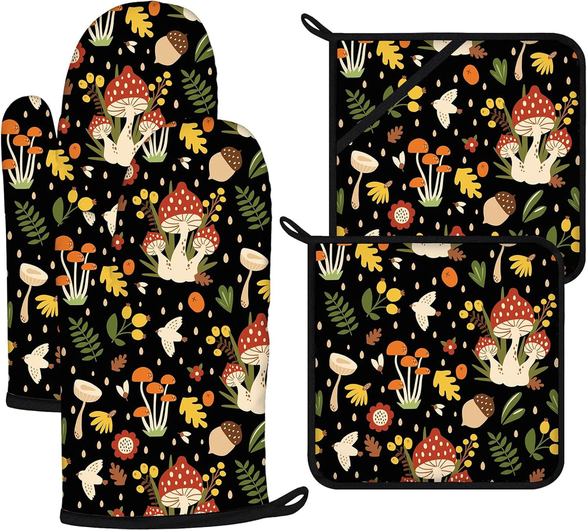 Mushroom Oven Mitts and Pot Holders Sets 4Pcs,Extra Long Oven Gloves Potholder for Kitchen Cooking Baking BBQ 100% Cotton Heat Resistant