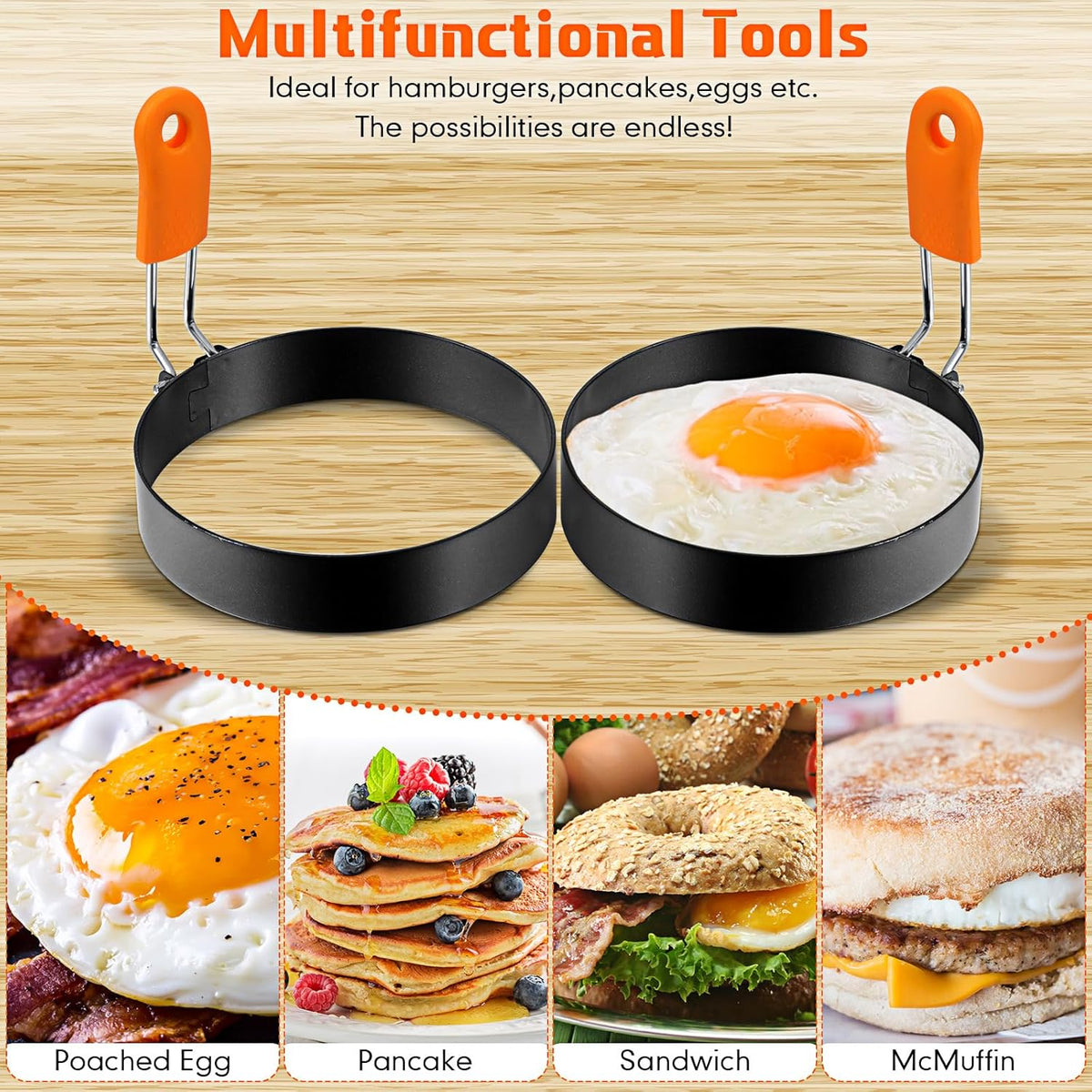 Patelai 6 Pcs Professional Egg Ring Pancake Ring Set Stainless Steel Fried Egg Molds Griddle Pancake Shapers with Orange Silicone Handle for Breakfast Omelette Sandwich(4, 6 Inch)