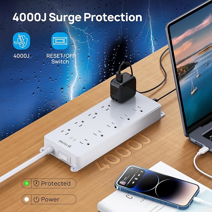TROND Surge Protector Power Strip, Flat Plug 15ft Long Extension Cord, 10 Widely Spaced AC Outlets, 2 USB A & 2 USB C Ports, 4000J, ETL Listed, Wall Mountable, for Home Office Entertainment, White