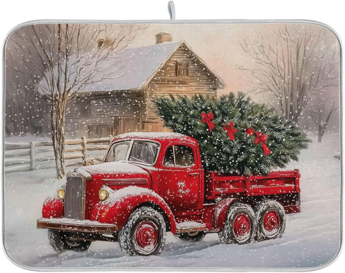 Red Christmas Truck Dish Drying Mat for Kitchen Counter Absorbent Microfiber Drying Pad, Medium 16x18 in, Reversible Drainer Mats