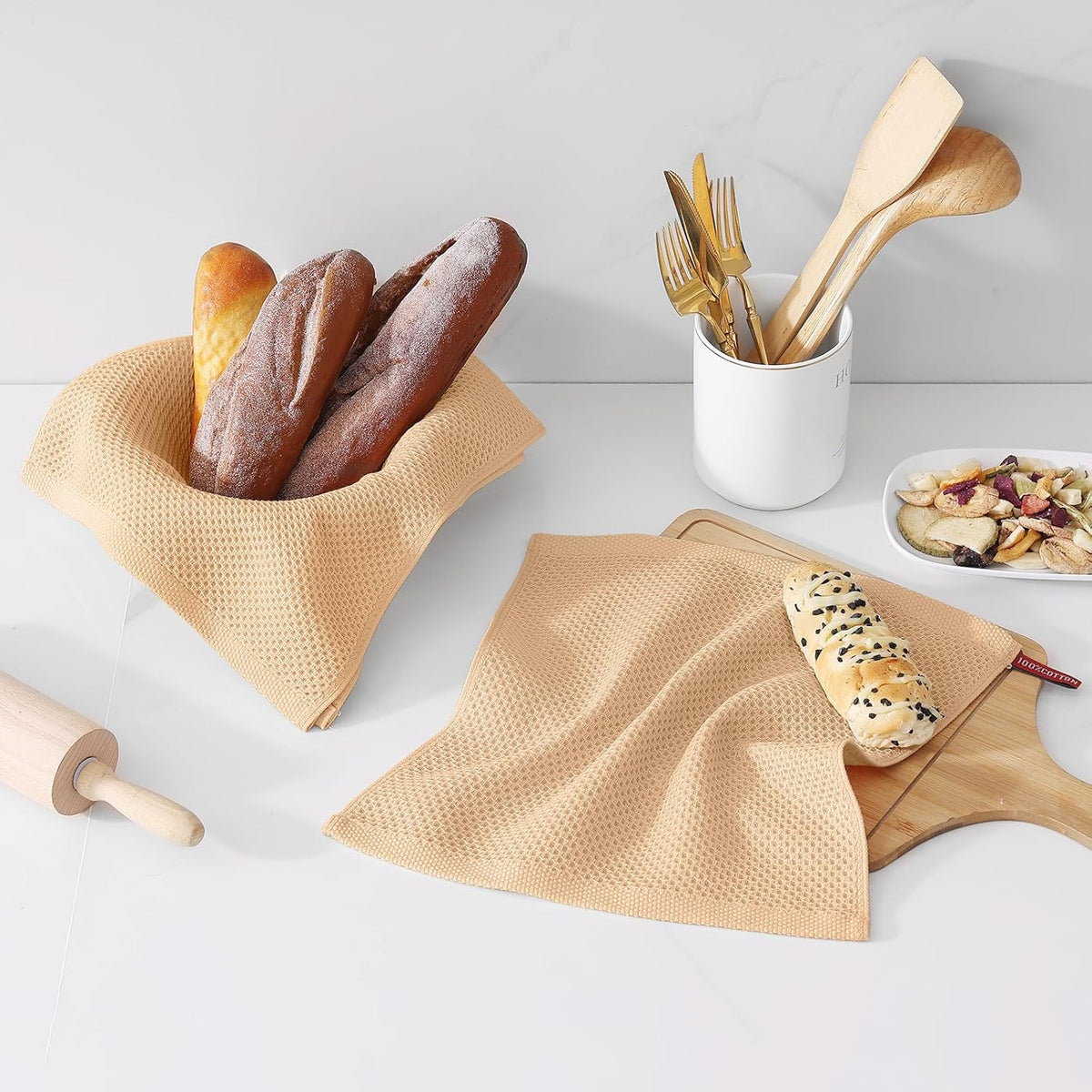 Kitinjoy 100% Cotton Kitchen Dish Cloths (12 X 12 Inches, Apricot),6 Pack Waffle Weave Ultra Soft Absorbent Dish Towels for Drying Dishes Quick Drying Kitchen Towels Dish Rags