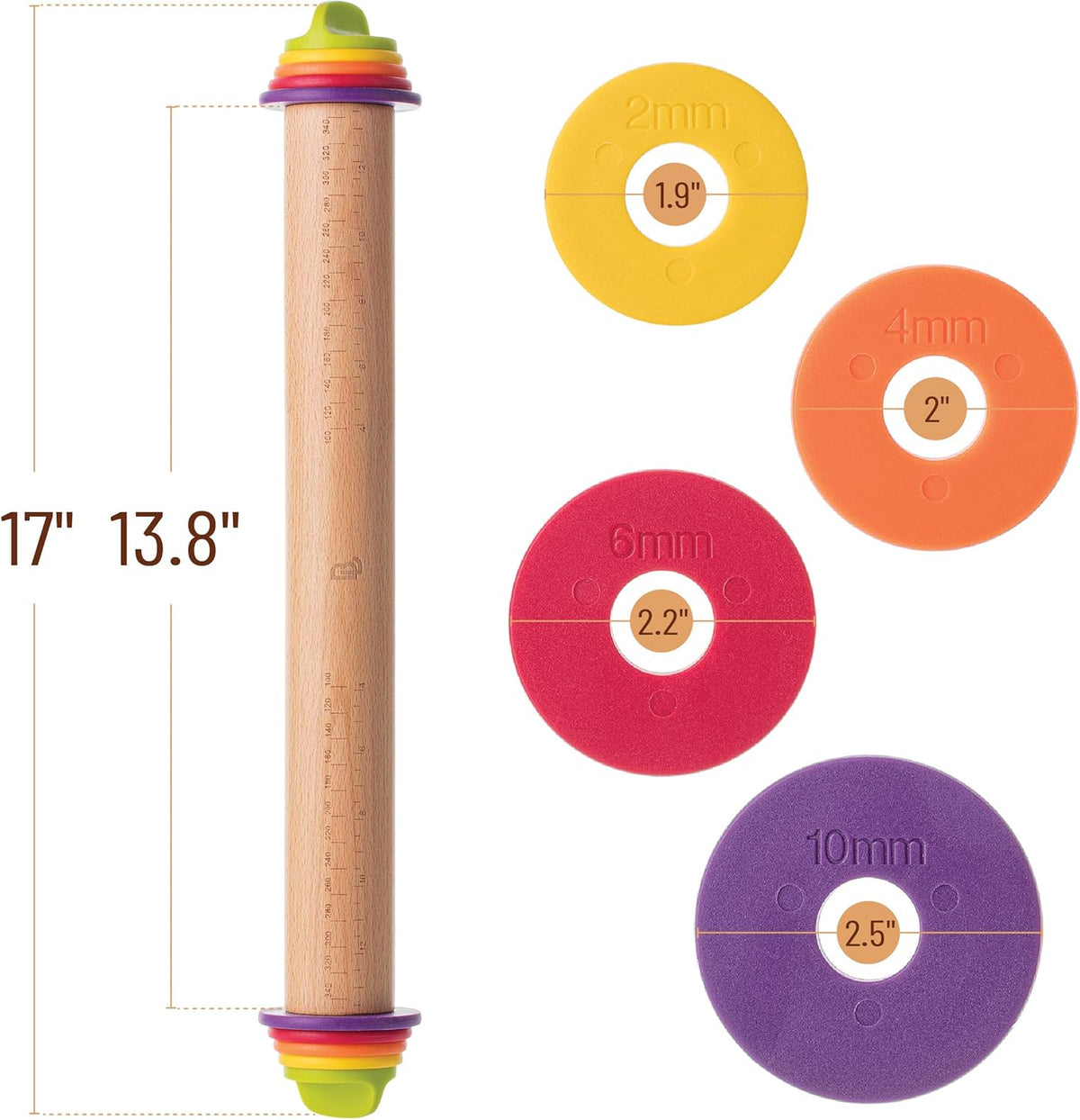 Bamboo Land- Adjustable Rolling Pin with Thickness Rings for Baking, 13.8", 4 Colorful Thickness Rings (2-10 mm or 1/16"-3/8"), Wood Rolling Pins for Baking, Bread, Pizza & Cookie Doughs