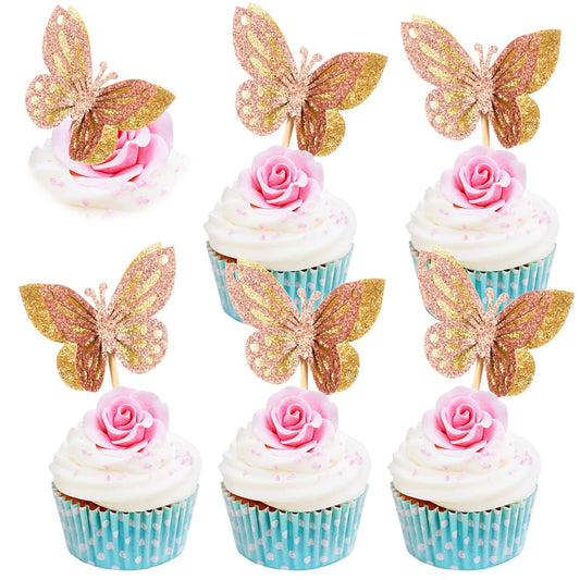 Chinco 48 Pcs Butterfly Cupcake Toppers Assembled Double Layer Cupcake Topper 3D Glitter Cake Topper Butterfly Cocktail Pick Decoration for Baby Shower Birthday Wedding(Gold,Retro Style)