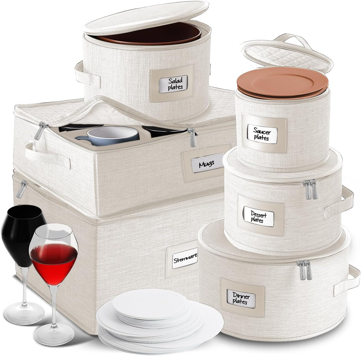 Hearth & Harbor Fine China Storage Containers, 6 Piece Dish Storage Containers, Stackable Plate Storage, Coffee Mug Storage and Wine Glass Storage Box with Dividers, Quilted Dish Organizers, Cream
